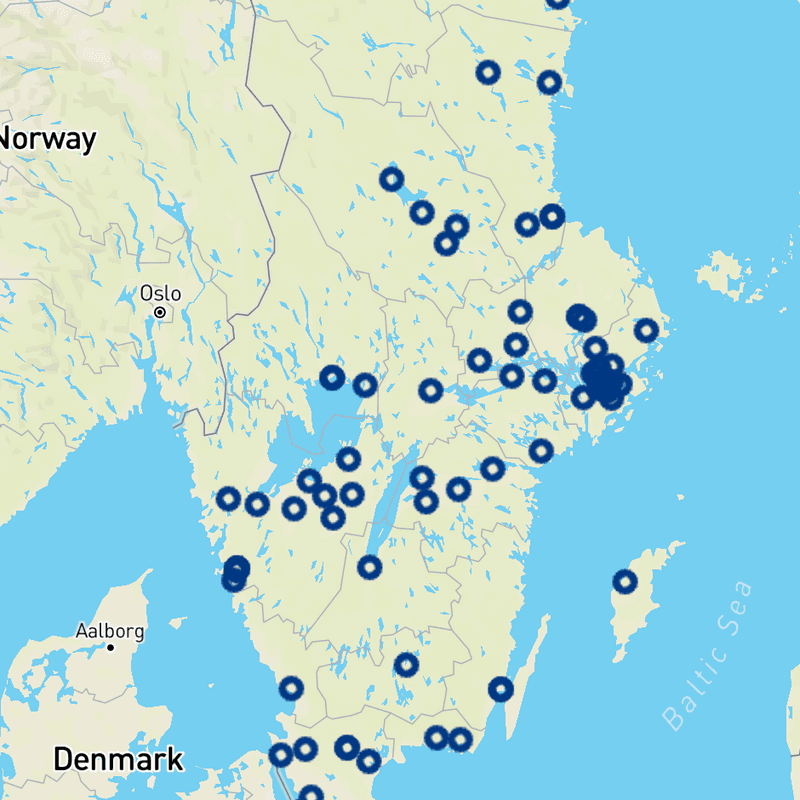 Karta över Sverige med platser utpekade